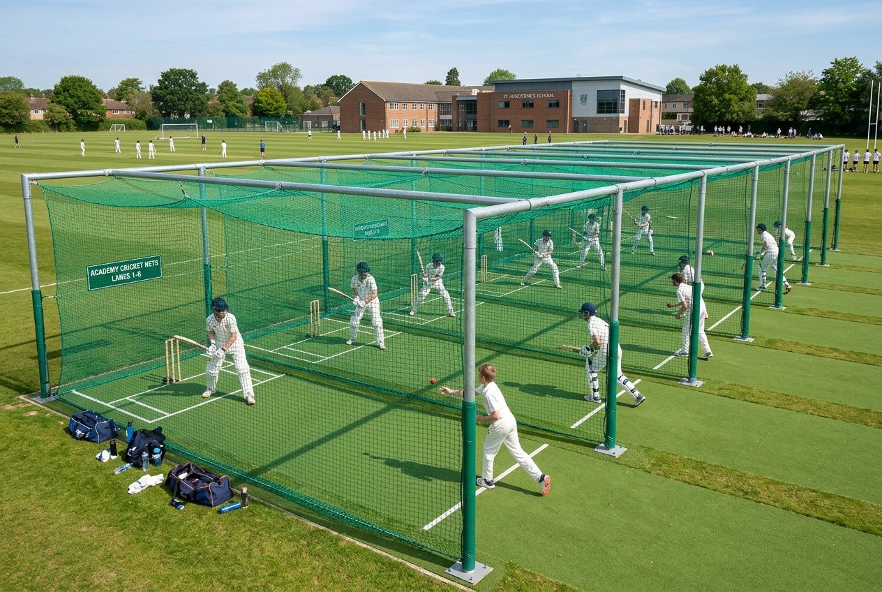 Multi-lane sports academy cricket practice nets