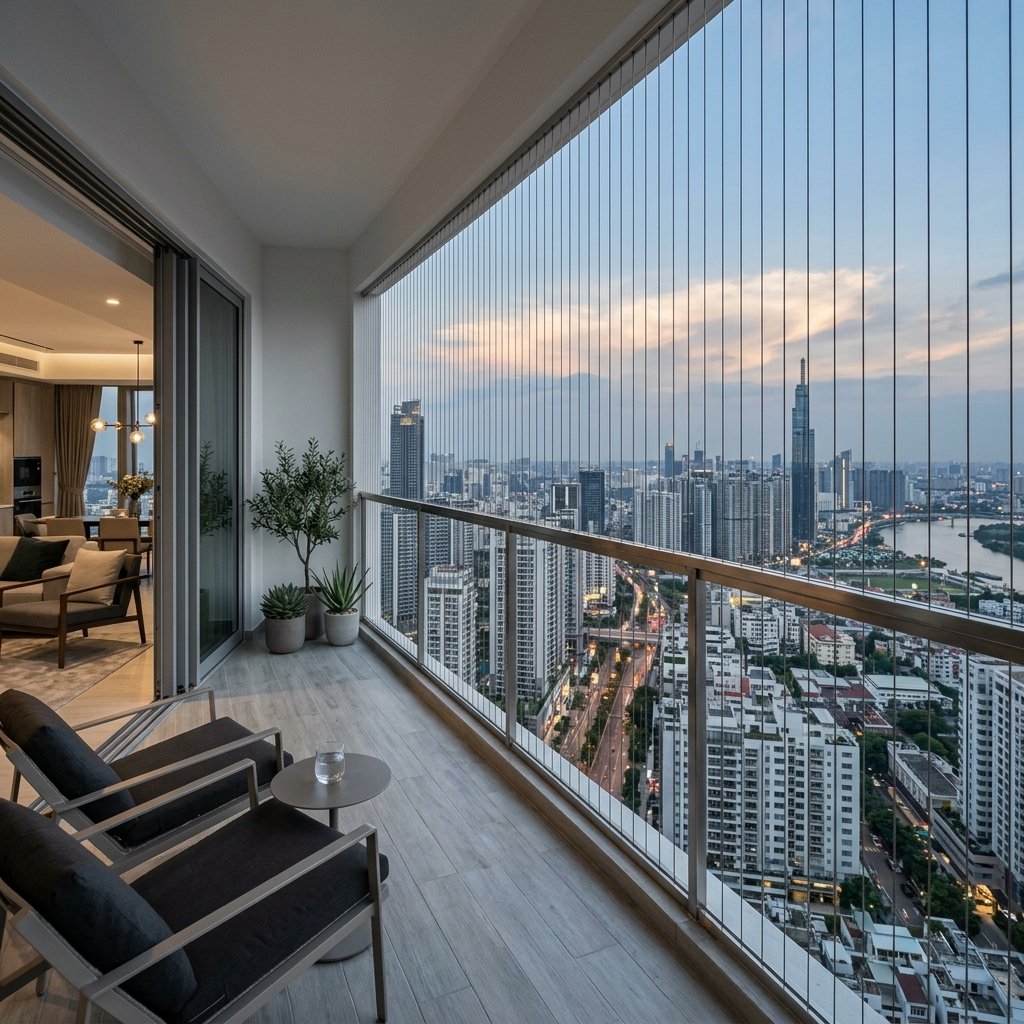 Premium invisible grills installed on modern apartment balcony with clear view