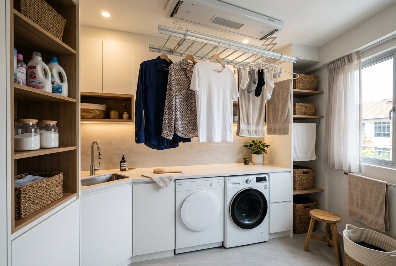 Dedicated laundry utility room cloth drying rack